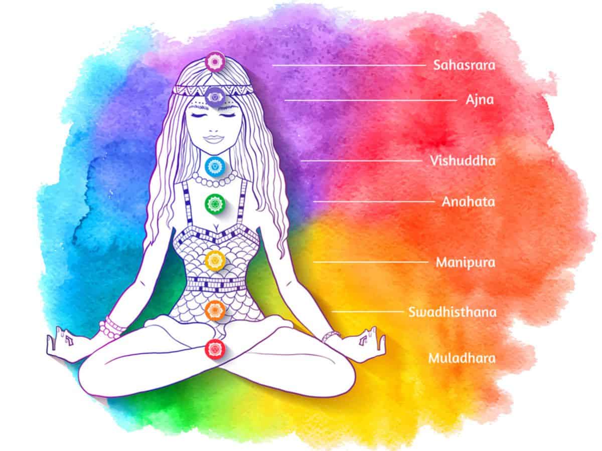 Les 7 chakras principaux sont disposés du 1 au 7, le long de la colonne vertébrale, description de haut en bas: